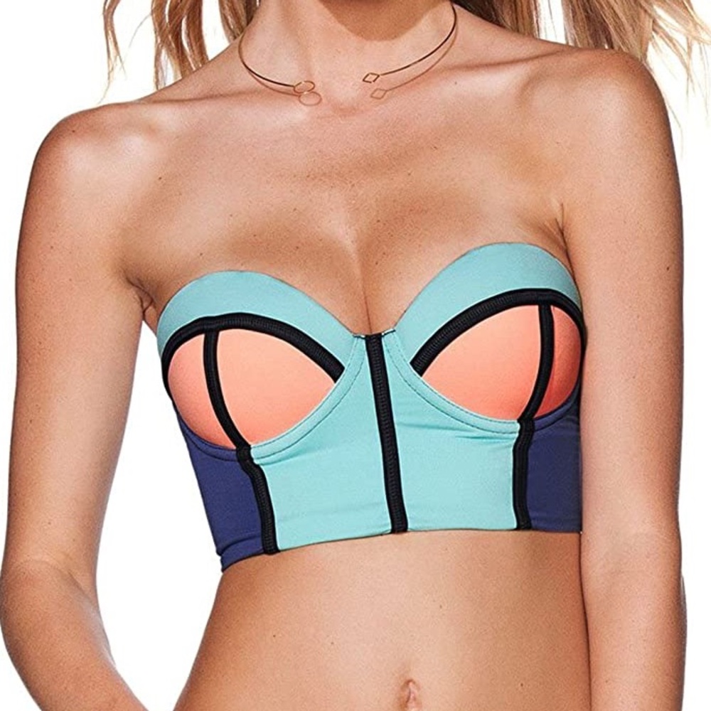 Maaji Colorblock Bustier Bikini Top in Aqua, Coral & Navy